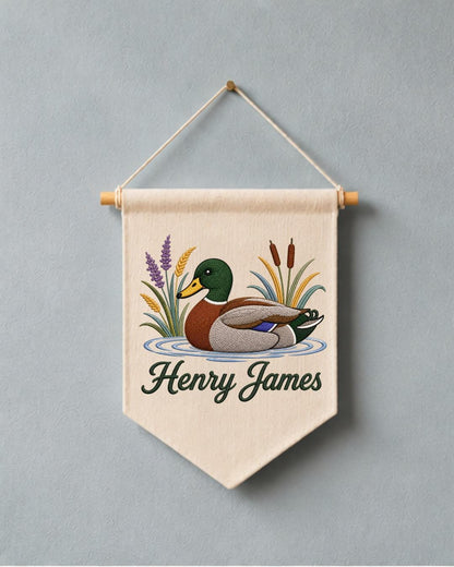 Personalized Mallard Duck Wall Hanging, Custom Name Embroidered Banner, Duck Hunting Nursery Decor, Rustic Baby Boy Room Gift
