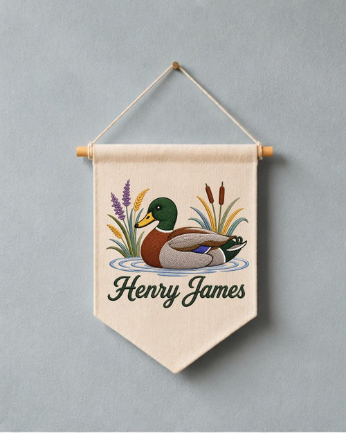Personalized Mallard Duck Wall Hanging, Custom Name Embroidered Banner, Duck Hunting Nursery Decor, Rustic Baby Boy Room Gift