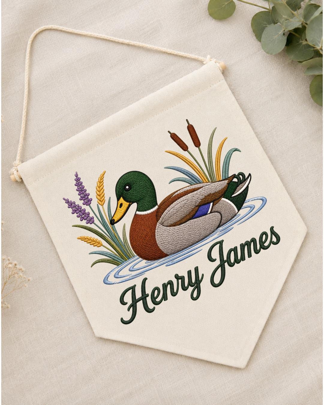 Personalized Mallard Duck Wall Hanging, Custom Name Embroidered Banner, Duck Hunting Nursery Decor, Rustic Baby Boy Room Gift