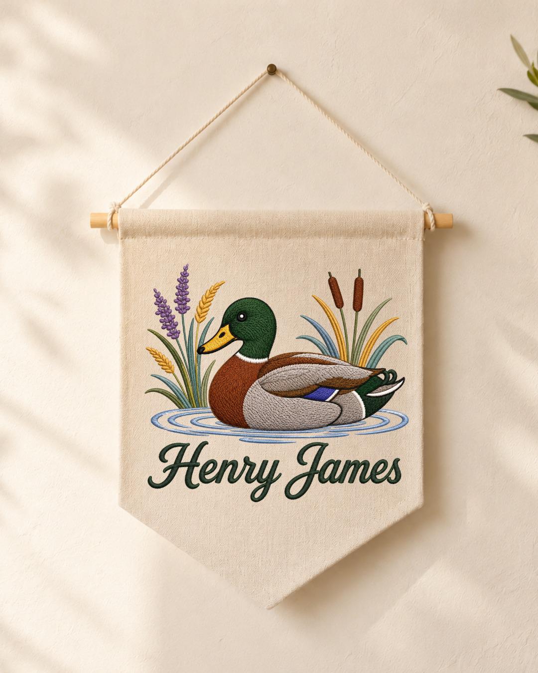 Personalized Mallard Duck Wall Hanging, Custom Name Embroidered Banner, Duck Hunting Nursery Decor, Rustic Baby Boy Room Gift