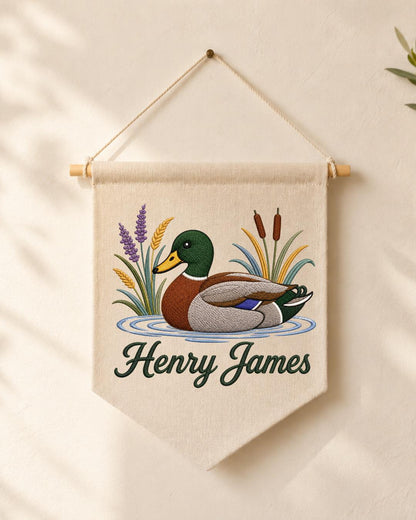 Personalized Mallard Duck Wall Hanging, Custom Name Embroidered Banner, Duck Hunting Nursery Decor, Rustic Baby Boy Room Gift