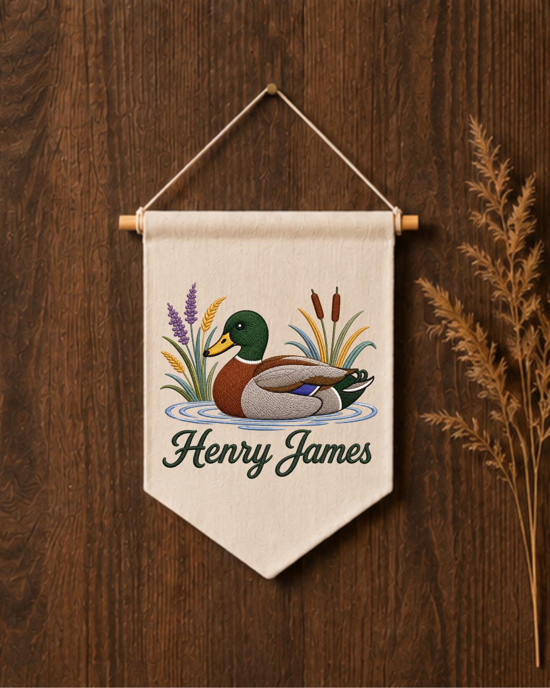 Personalized Mallard Duck Wall Hanging, Custom Name Embroidered Banner, Duck Hunting Nursery Decor, Rustic Baby Boy Room Gift
