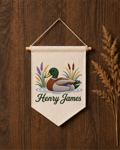 Personalized Mallard Duck Wall Hanging, Custom Name Embroidered Banner, Duck Hunting Nursery Decor, Rustic Baby Boy Room Gift
