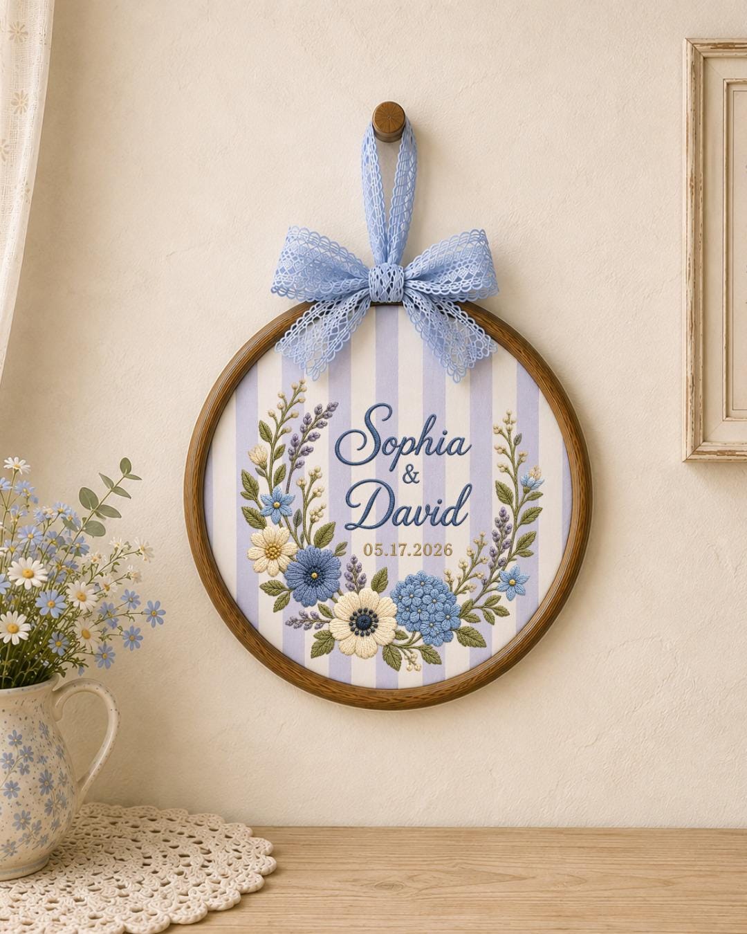 Personalized Wedding Embroidered Ornament, Custom Couple Names Floral Hoop, Wedding Date Keepsake, Anniversary Gift, Bridal Shower Gift