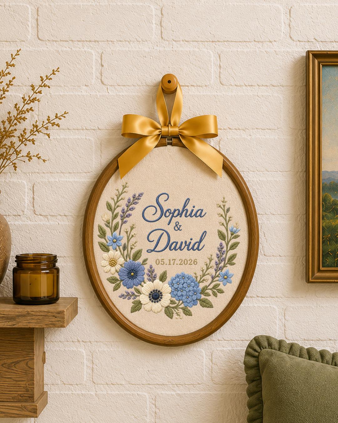 Personalized Wedding Embroidered Ornament, Custom Couple Names Floral Hoop, Wedding Date Keepsake, Anniversary Gift, Bridal Shower Gift