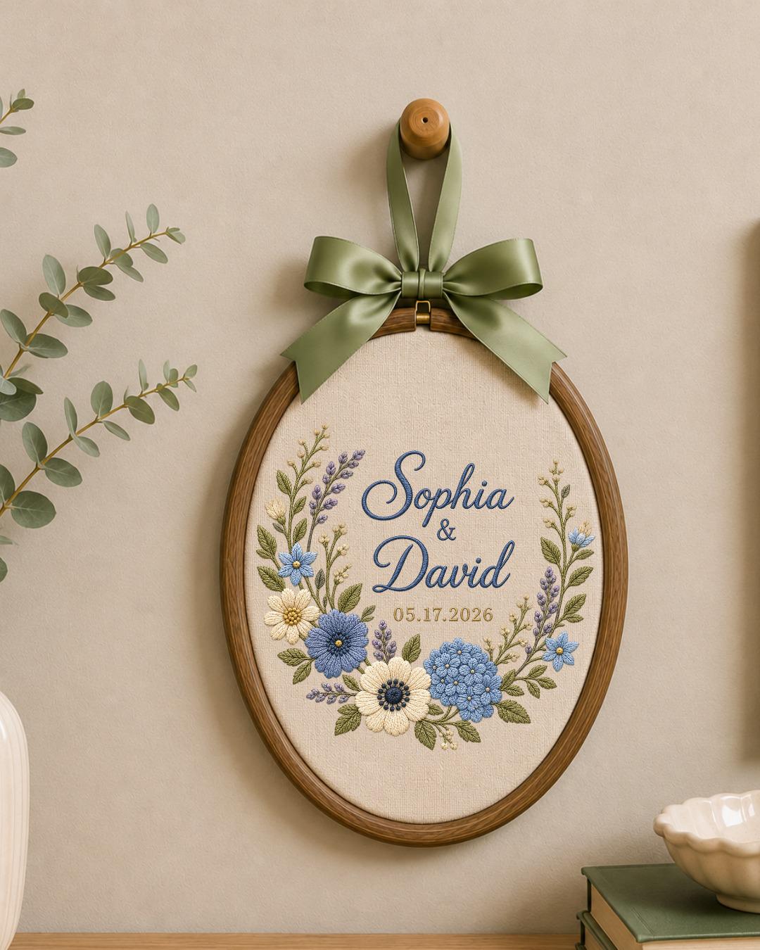 Personalized Wedding Embroidered Ornament, Custom Couple Names Floral Hoop, Wedding Date Keepsake, Anniversary Gift, Bridal Shower Gift