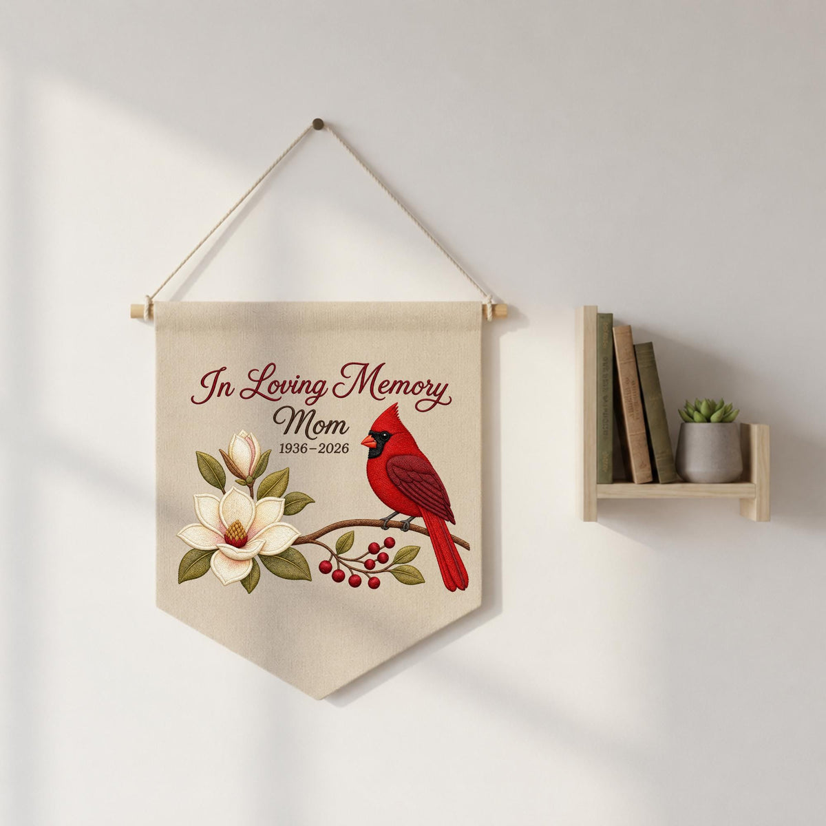 Personalized Embroidered Cardinal Memorial Wall Hanging Banner, In Loving Memory Mom Gift, Sympathy Keepsake, Remembrance Wall Decor