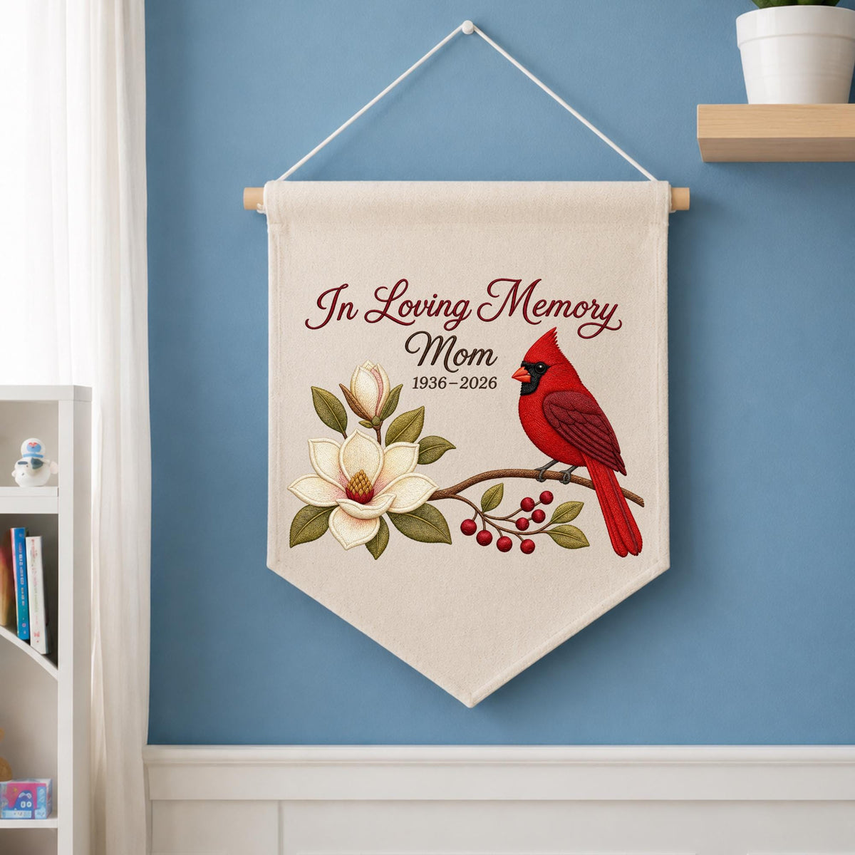 Personalized Embroidered Cardinal Memorial Wall Hanging Banner, In Loving Memory Mom Gift, Sympathy Keepsake, Remembrance Wall Decor