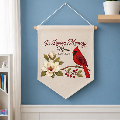 Personalized Embroidered Cardinal Memorial Wall Hanging Banner, In Loving Memory Mom Gift, Sympathy Keepsake, Remembrance Wall Decor