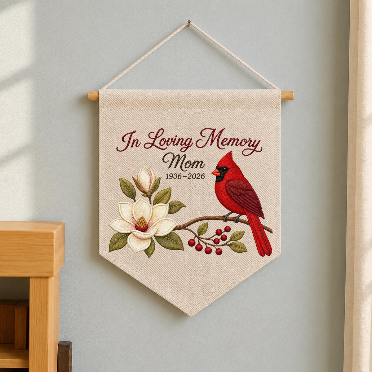 Personalized Embroidered Cardinal Memorial Wall Hanging Banner, In Loving Memory Mom Gift, Sympathy Keepsake, Remembrance Wall Decor