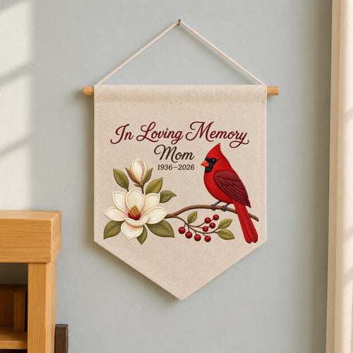 Personalized Embroidered Cardinal Memorial Wall Hanging Banner, In Loving Memory Mom Gift, Sympathy Keepsake, Remembrance Wall Decor