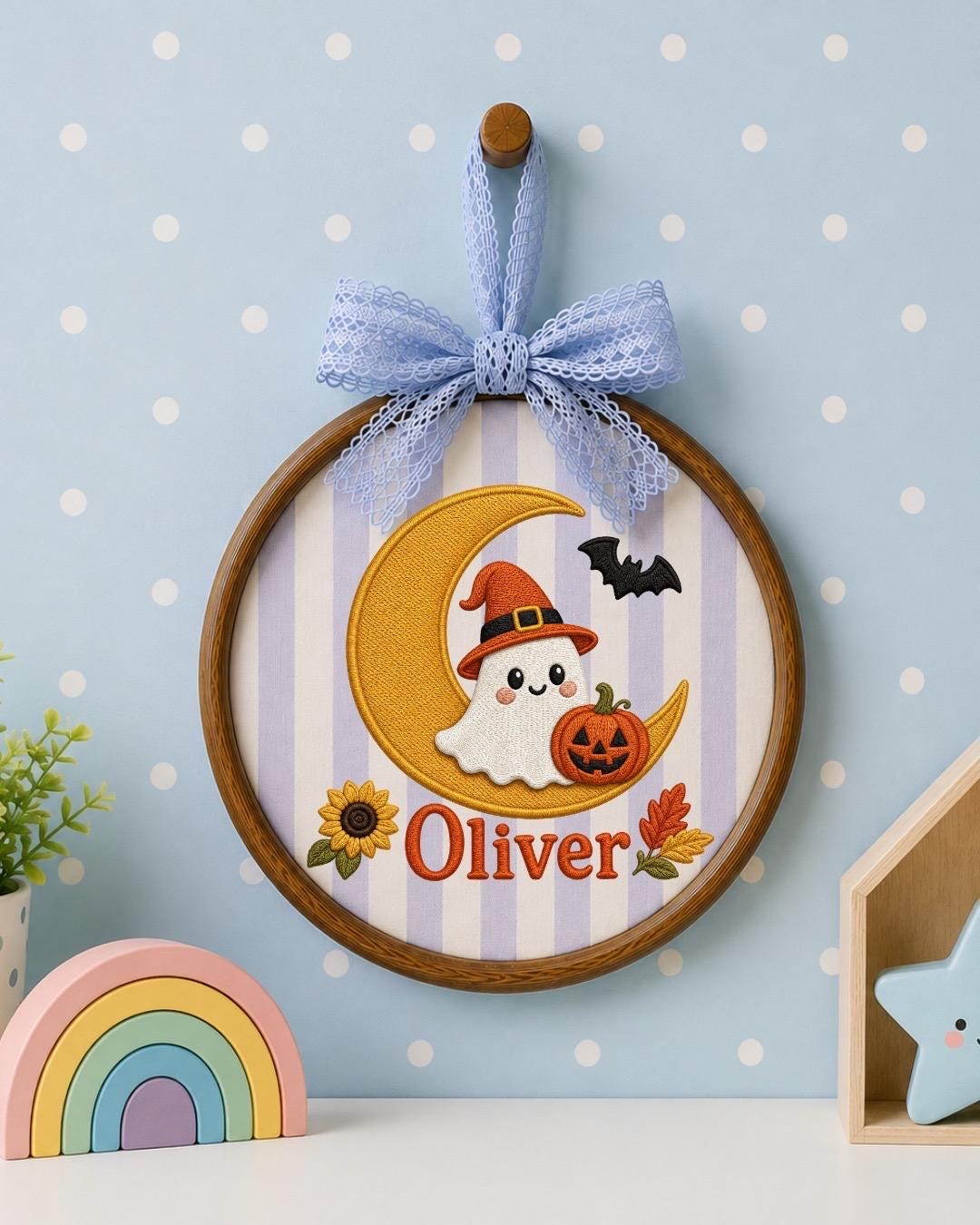 Personalized Halloween Ghost Embroidered Ornament, Custom Kids Name Halloween Decor, Witch Ghost Moon Keepsake, Pumpkin Halloween Gift