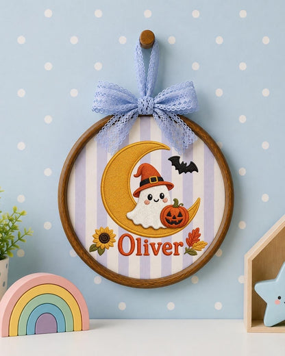 Personalized Halloween Ghost Embroidered Ornament, Custom Kids Name Halloween Decor, Witch Ghost Moon Keepsake, Pumpkin Halloween Gift