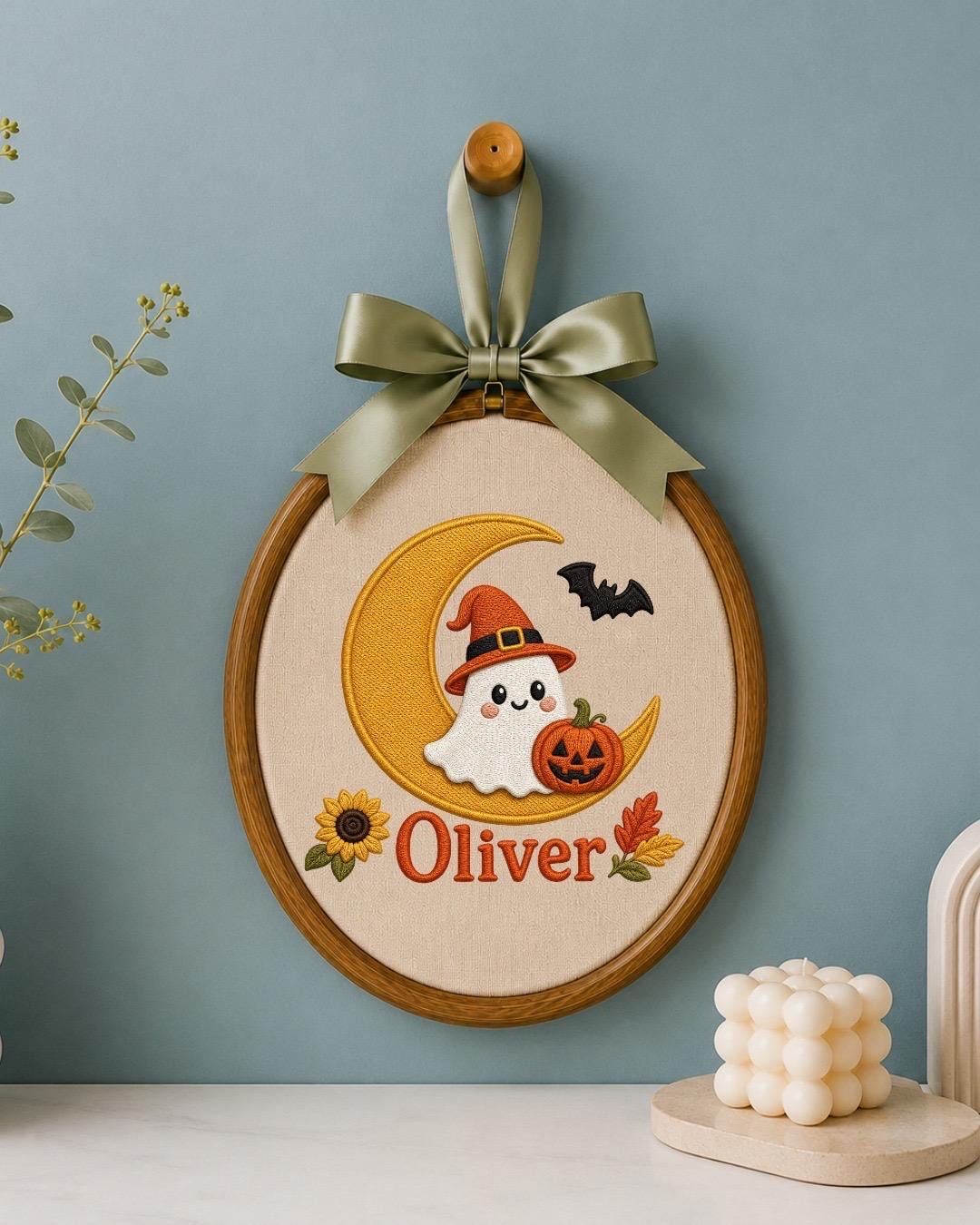 Personalized Halloween Ghost Embroidered Ornament, Custom Kids Name Halloween Decor, Witch Ghost Moon Keepsake, Pumpkin Halloween Gift
