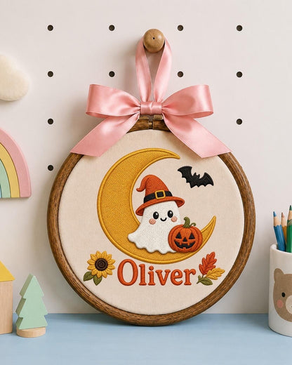 Personalized Halloween Ghost Embroidered Ornament, Custom Kids Name Halloween Decor, Witch Ghost Moon Keepsake, Pumpkin Halloween Gift