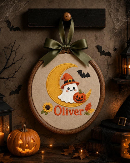 Personalized Halloween Ghost Embroidered Ornament, Custom Kids Name Halloween Decor, Witch Ghost Moon Keepsake, Pumpkin Halloween Gift
