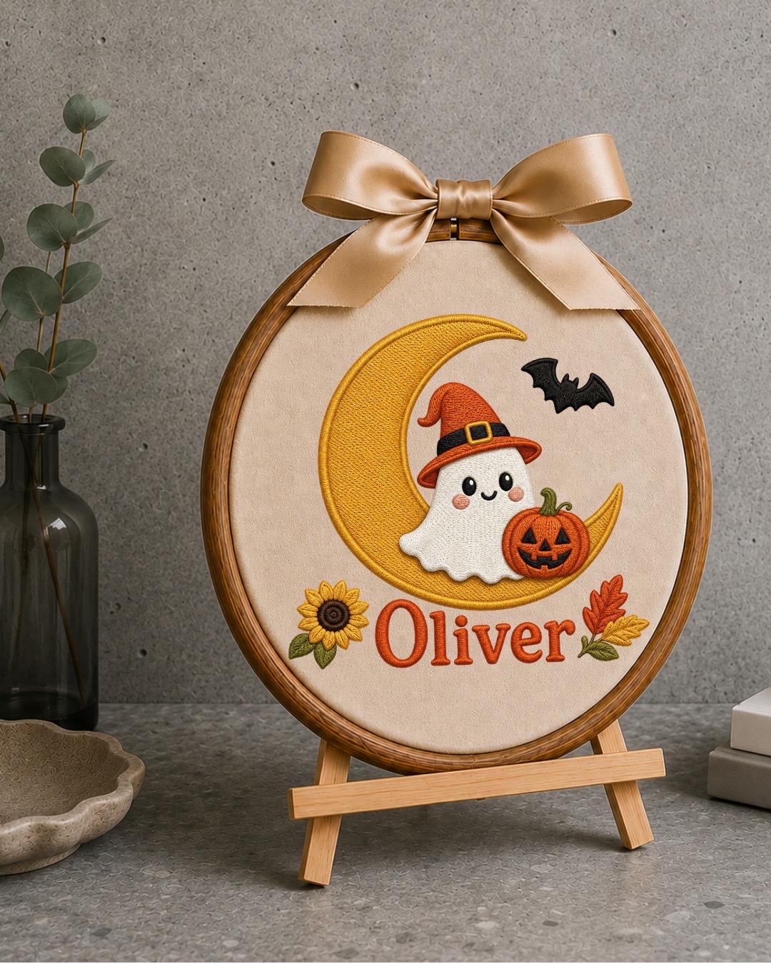 Personalized Halloween Ghost Embroidered Ornament, Custom Kids Name Halloween Decor, Witch Ghost Moon Keepsake, Pumpkin Halloween Gift