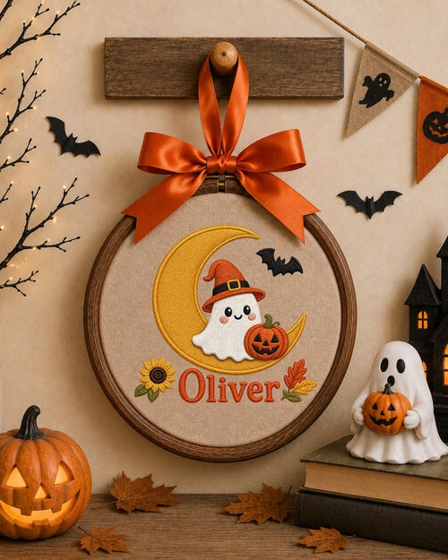 Personalized Halloween Ghost Embroidered Ornament, Custom Kids Name Halloween Decor, Witch Ghost Moon Keepsake, Pumpkin Halloween Gift