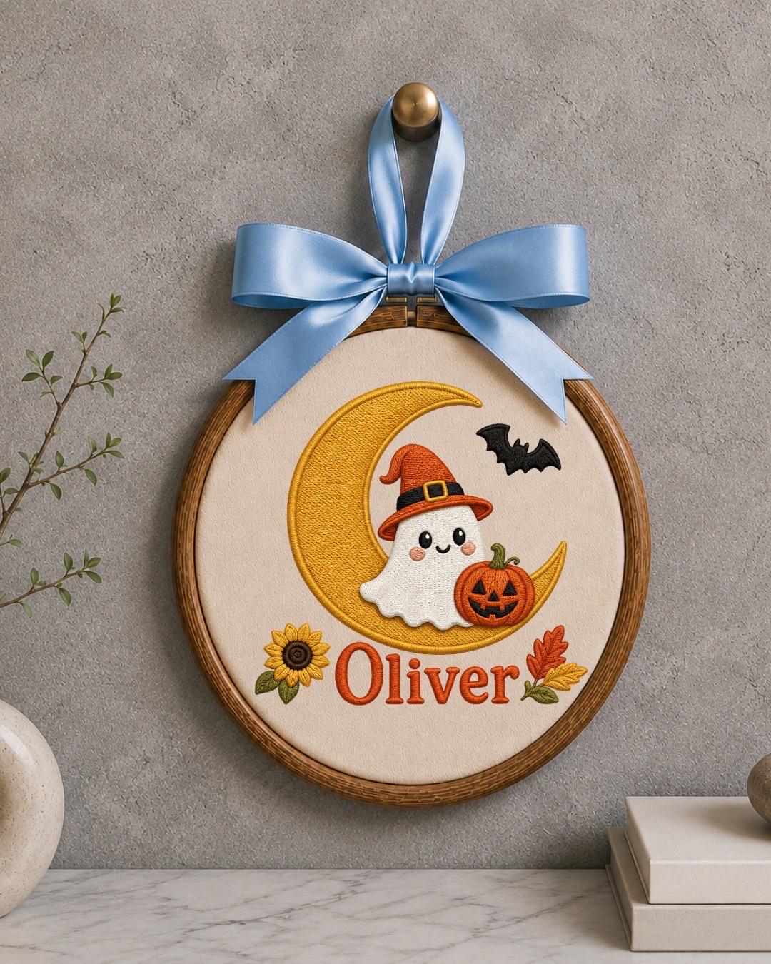 Personalized Halloween Ghost Embroidered Ornament, Custom Kids Name Halloween Decor, Witch Ghost Moon Keepsake, Pumpkin Halloween Gift