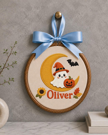 Personalized Halloween Ghost Embroidered Ornament, Custom Kids Name Halloween Decor, Witch Ghost Moon Keepsake, Pumpkin Halloween Gift