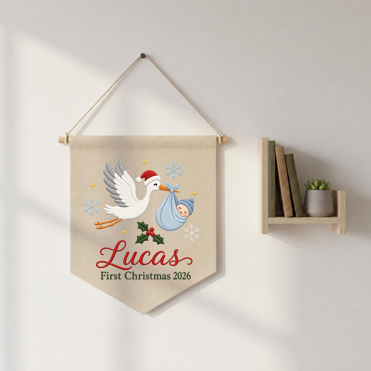 Personalized Baby First Christmas Embroidered Wall Hanging Banner, Custom Baby Name Stork Sign, Newborn Christmas Gift, Holiday Nursery
