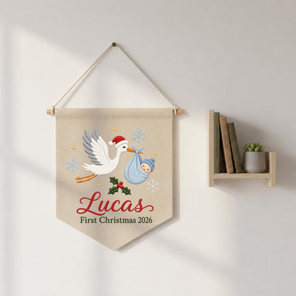 Personalized Baby First Christmas Embroidered Wall Hanging Banner, Custom Baby Name Stork Sign, Newborn Christmas Gift, Holiday Nursery