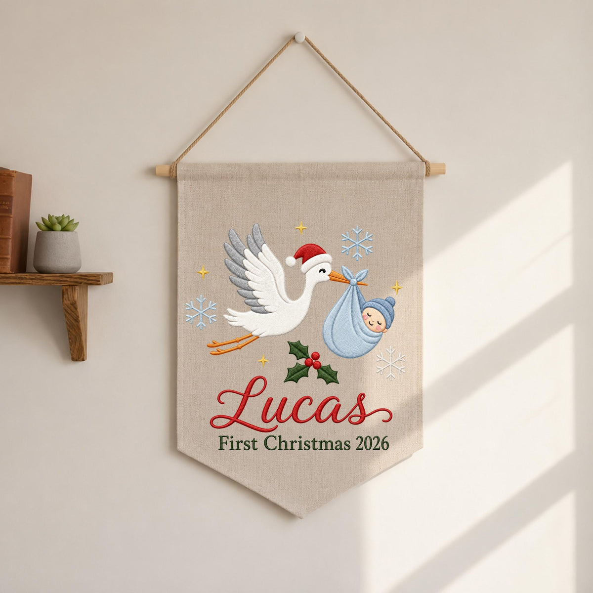 Personalized Baby First Christmas Embroidered Wall Hanging Banner, Custom Baby Name Stork Sign, Newborn Christmas Gift, Holiday Nursery