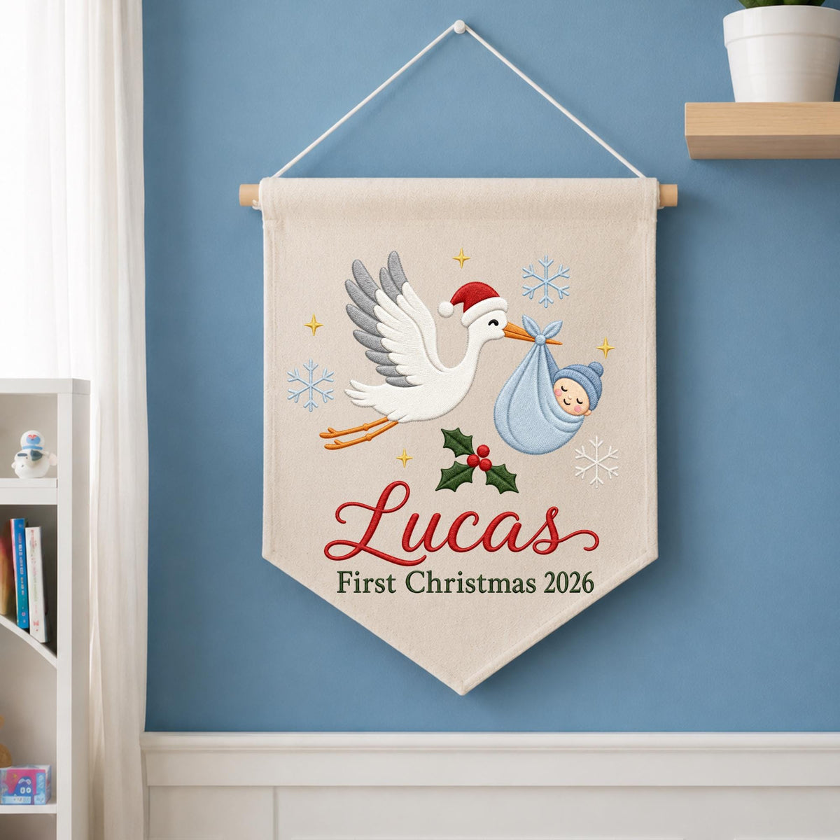Personalized Baby First Christmas Embroidered Wall Hanging Banner, Custom Baby Name Stork Sign, Newborn Christmas Gift, Holiday Nursery