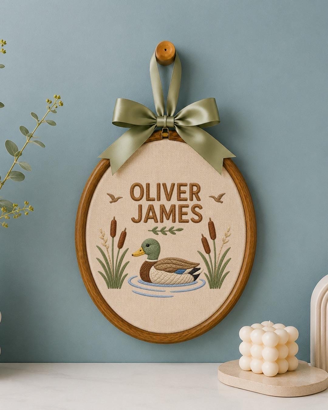 Personalized Duck Embroidered Ornament, Custom Baby Boy Name Sign, Mallard Duck Nursery Decor, Woodland Baby Gift, Newborn Keepsake