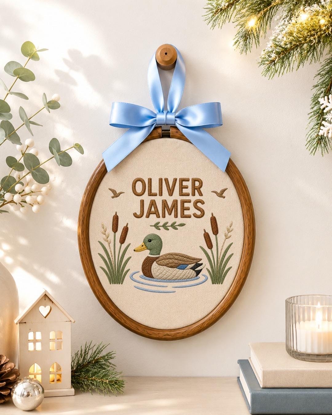 Personalized Duck Embroidered Ornament, Custom Baby Boy Name Sign, Mallard Duck Nursery Decor, Woodland Baby Gift, Newborn Keepsake