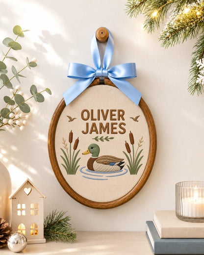 Personalized Duck Embroidered Ornament, Custom Baby Boy Name Sign, Mallard Duck Nursery Decor, Woodland Baby Gift, Newborn Keepsake
