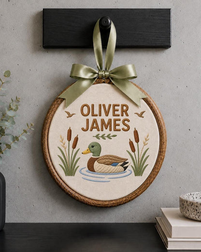 Personalized Duck Embroidered Ornament, Custom Baby Boy Name Sign, Mallard Duck Nursery Decor, Woodland Baby Gift, Newborn Keepsake