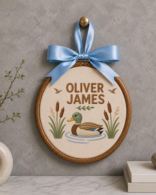 Personalized Duck Embroidered Ornament, Custom Baby Boy Name Sign, Mallard Duck Nursery Decor, Woodland Baby Gift, Newborn Keepsake