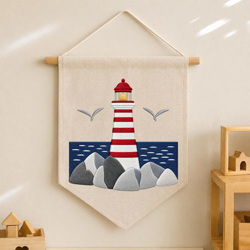 Embroidered Lighthouse Wall Hanging Banner, Coastal Nautical Wall Decor, Beach House Decor, Ocean Lover Gift, Seaside Home Decoration