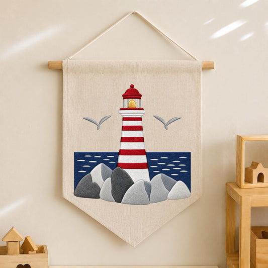 Embroidered Lighthouse Wall Hanging Banner, Coastal Nautical Wall Decor, Beach House Decor, Ocean Lover Gift, Seaside Home Decoration