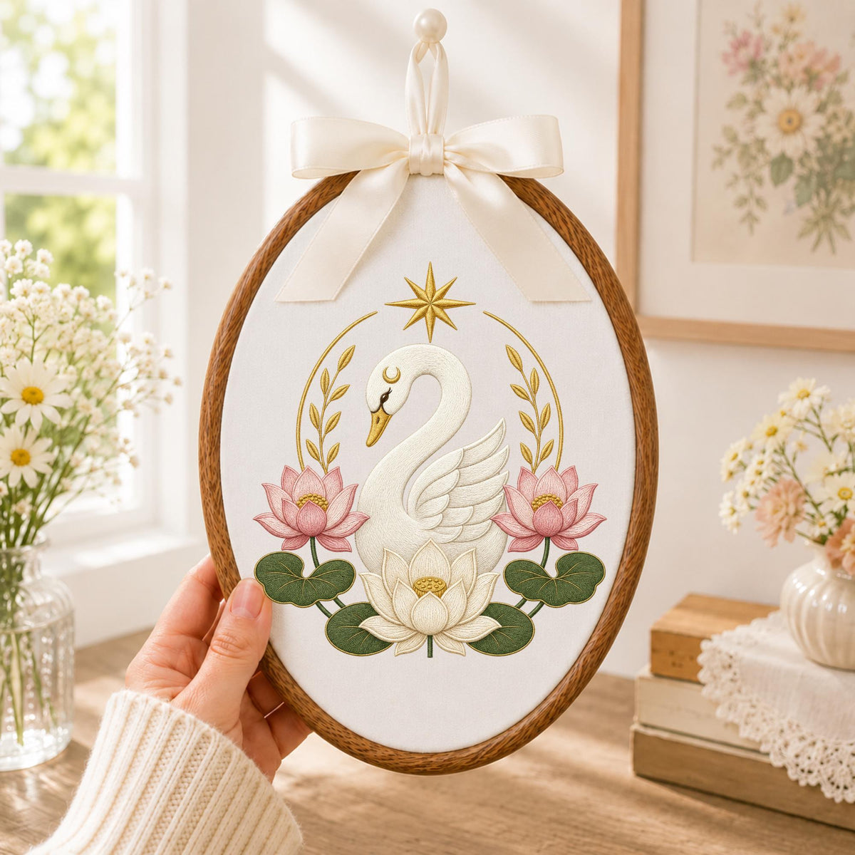 Personalized Embroidered Ornament, Swan Lotus Ornament, Elegant Floral Swan Decor, Baby Girl Nursery Gift, Personalized Keepsake