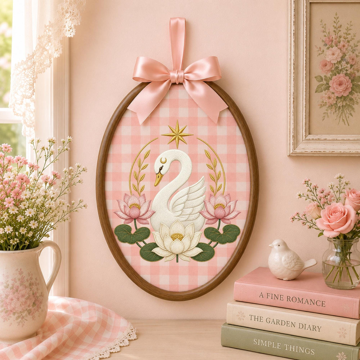 Personalized Embroidered Ornament, Swan Lotus Ornament, Elegant Floral Swan Decor, Baby Girl Nursery Gift, Personalized Keepsake