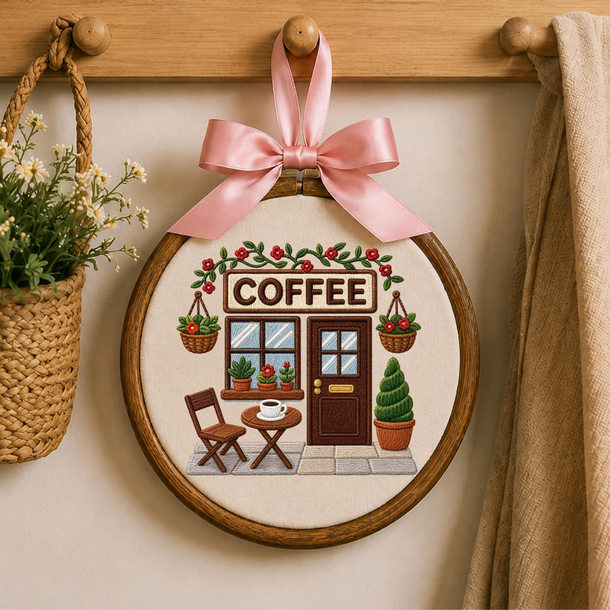 Embroidered Ornament, Coffee Shop Decor, Coffee Lover Gift, Cafe Ornament, Barista Gift, Cozy Coffee House Keepsake