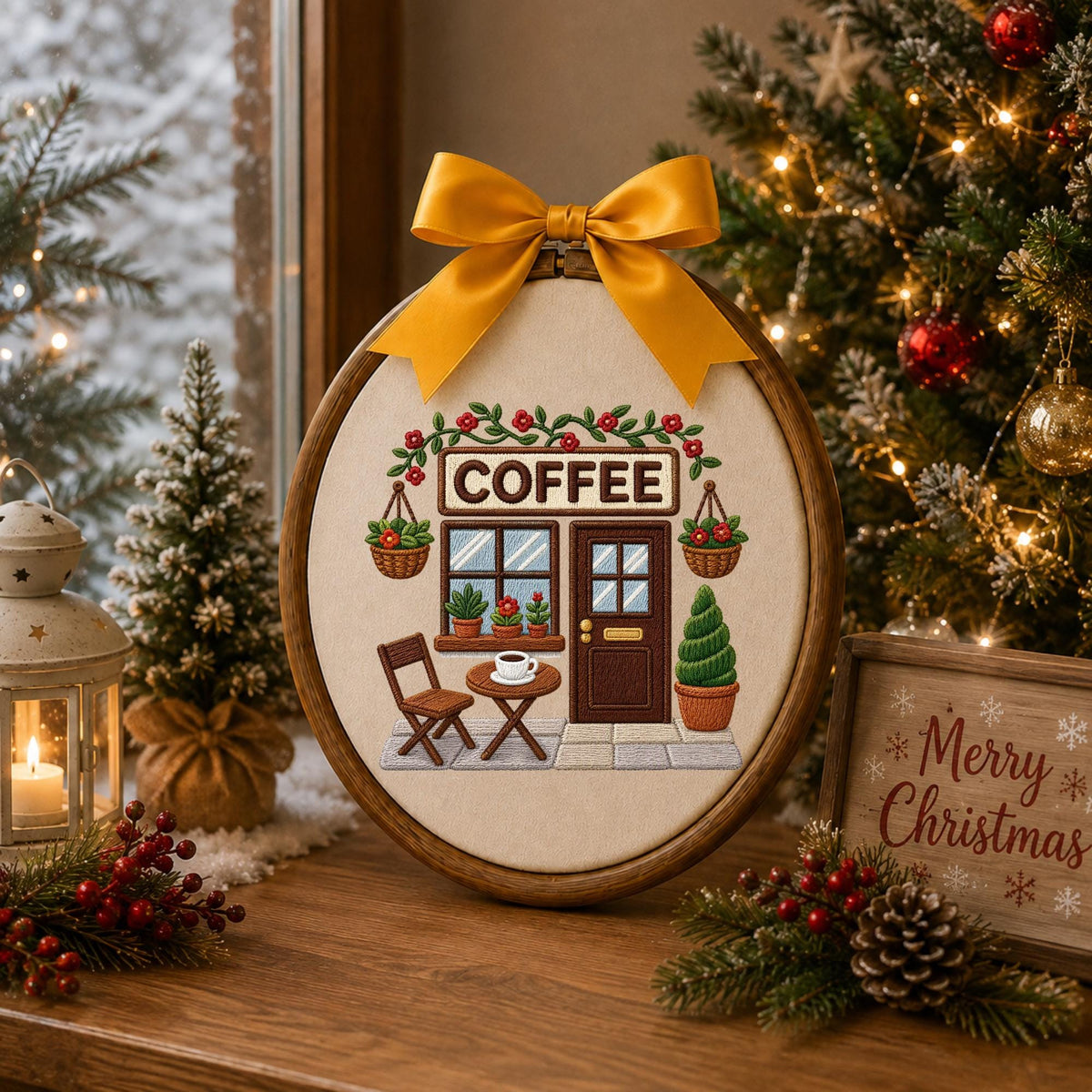 Embroidered Ornament, Coffee Shop Decor, Coffee Lover Gift, Cafe Ornament, Barista Gift, Cozy Coffee House Keepsake