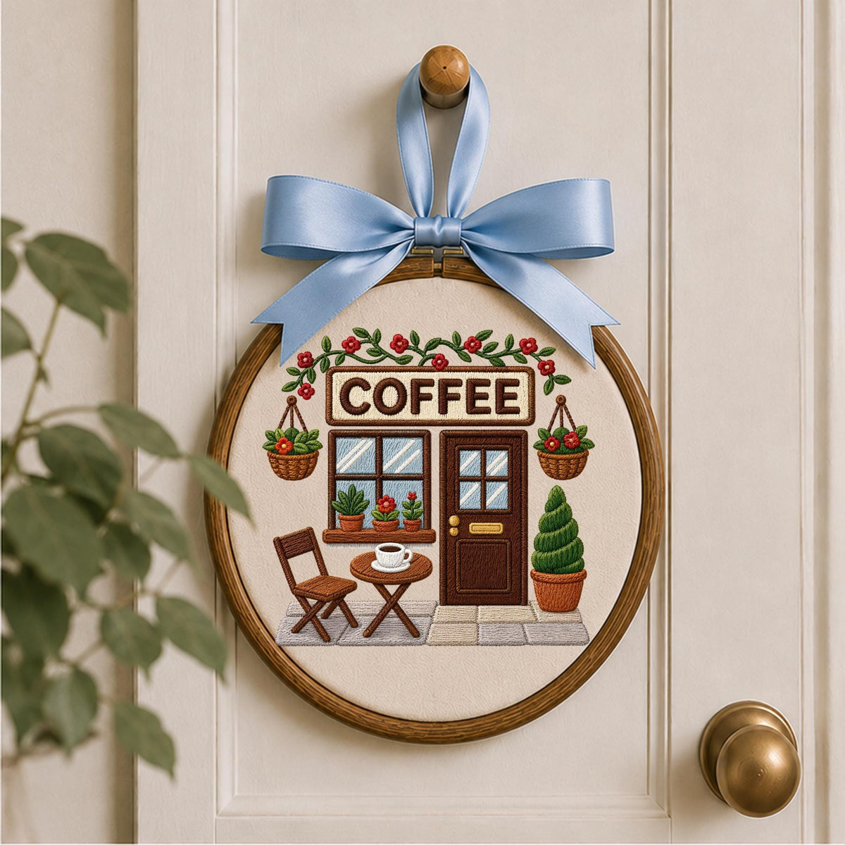 Embroidered Ornament, Coffee Shop Decor, Coffee Lover Gift, Cafe Ornament, Barista Gift, Cozy Coffee House Keepsake