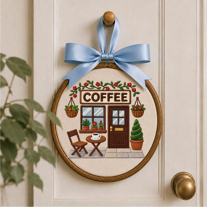 Embroidered Ornament, Coffee Shop Decor, Coffee Lover Gift, Cafe Ornament, Barista Gift, Cozy Coffee House Keepsake