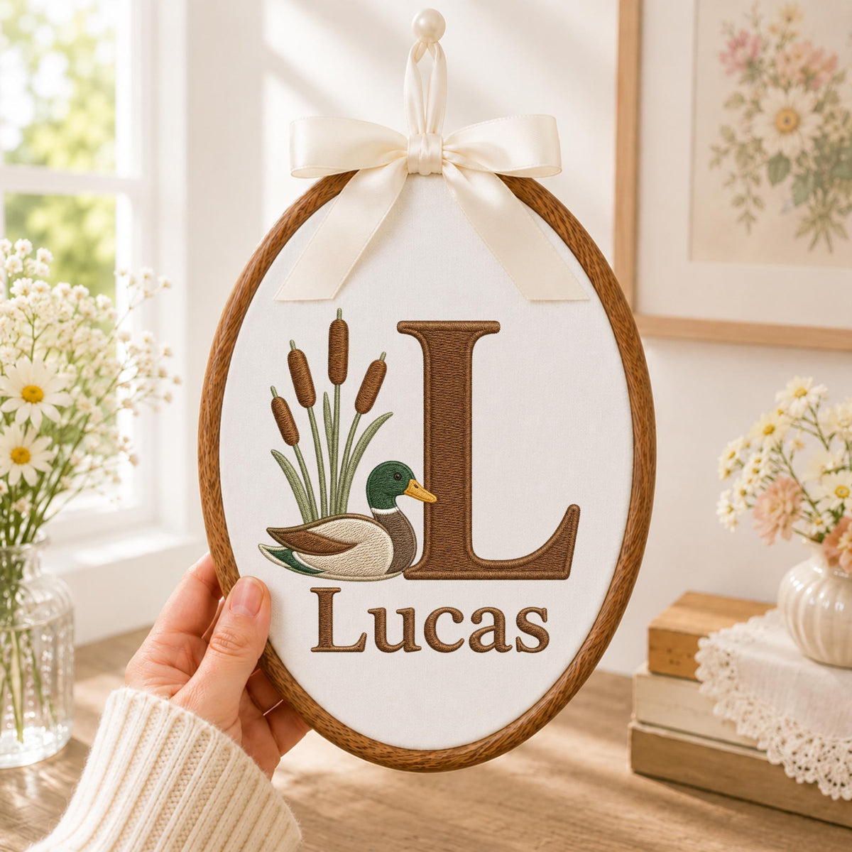 Personalized Embroidered Ornament, Mallard Duck Nursery Ornament, Custom Initial Name Gift, Woodland Baby Boy Decor, Duck Keepsake