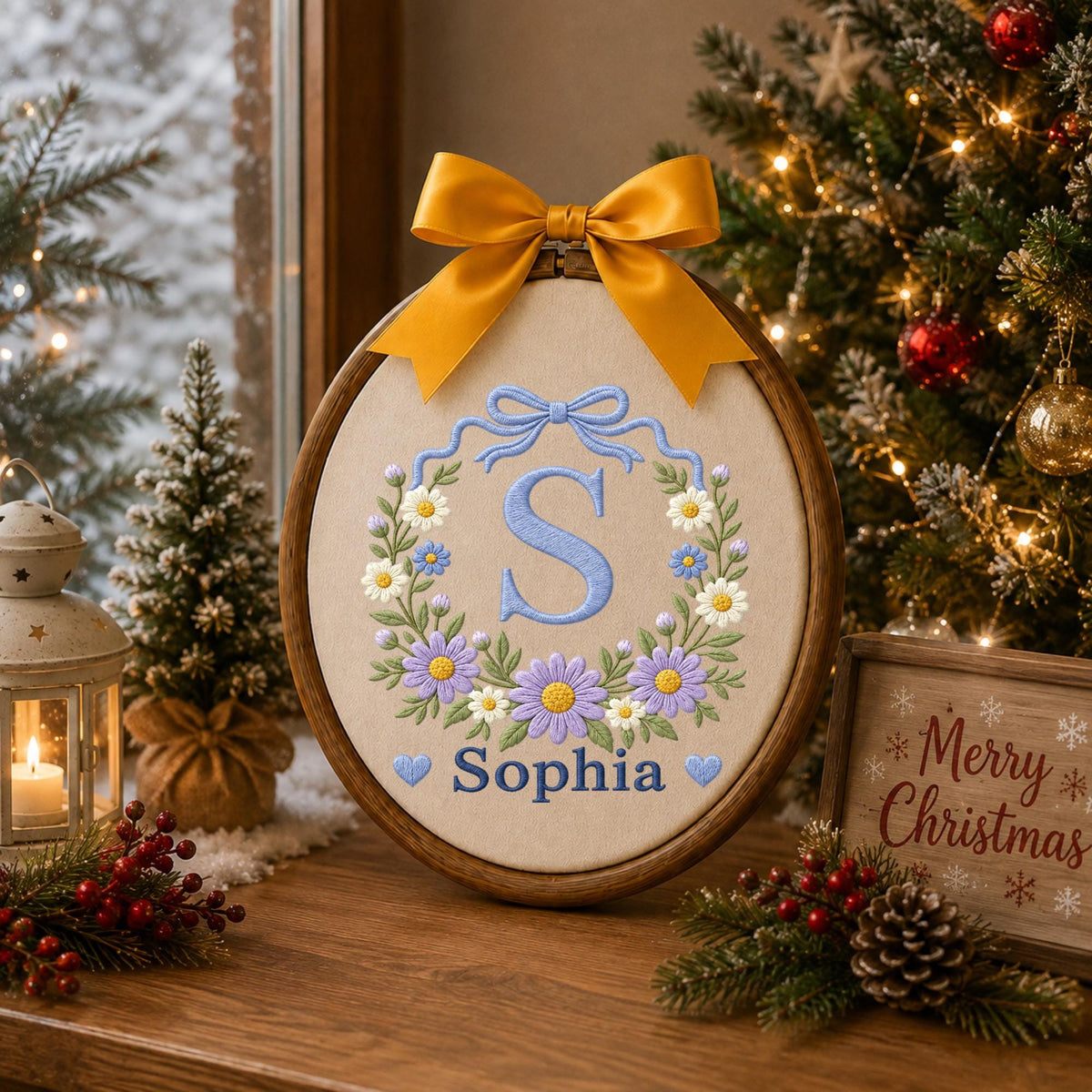 Personalized Embroidered Ornament, Floral Initial Ornament, Custom Name Monogram Gift, Daisy Nursery Decor, Baby Girl Keepsake