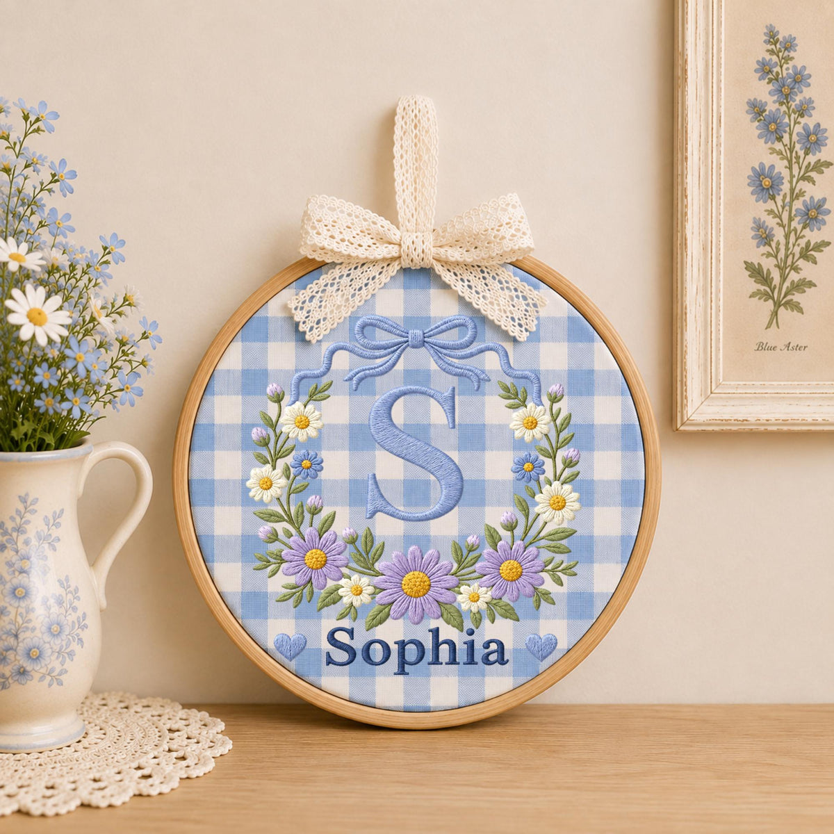 Personalized Embroidered Ornament, Floral Initial Ornament, Custom Name Monogram Gift, Daisy Nursery Decor, Baby Girl Keepsake