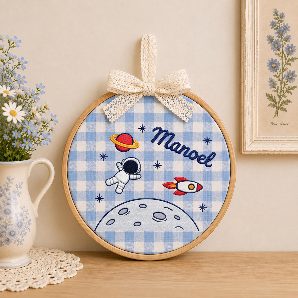 Personalized Embroidered Ornament, Astronaut Space Ornament, Custom Name Rocket Nursery Decor, Baby Boy Space Gift, Moon Keepsake