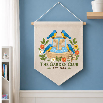 Personalized Bluebird Bird Bath Canvas Pennant Banner Decor, Embroidered Garden Club Name Date Wall Sign, Outdoor Nature Lover Keepsake