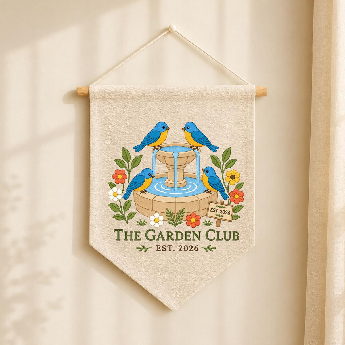 Personalized Bluebird Bird Bath Canvas Pennant Banner Decor, Embroidered Garden Club Name Date Wall Sign, Outdoor Nature Lover Keepsake
