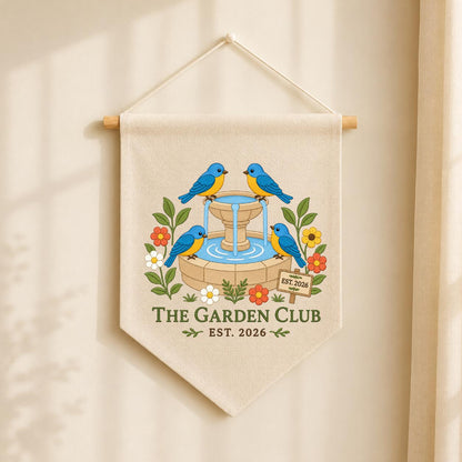Personalized Bluebird Bird Bath Canvas Pennant Banner Decor, Embroidered Garden Club Name Date Wall Sign, Outdoor Nature Lover Keepsake