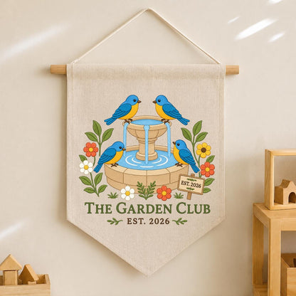 Personalized Bluebird Bird Bath Canvas Pennant Banner Decor, Embroidered Garden Club Name Date Wall Sign, Outdoor Nature Lover Keepsake