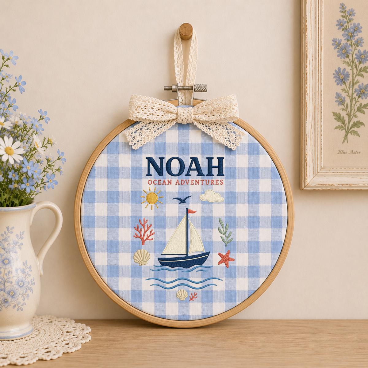 Personalized Nautical Boat Canvas Oval Hoop Decor, Custom Embroidered Ocean Adventure Starfish Shell Sign, Baby Boy Birthday Gift